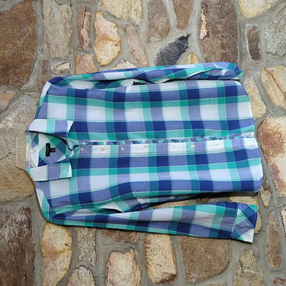 Talbots blue green ruffle detail plaid shirt